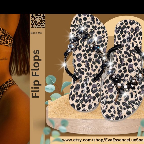 Newly Decorated Leopard Beach Flip Flops, Rhinestones, Shoes, Bridal Sandals - Picture 7 of 16